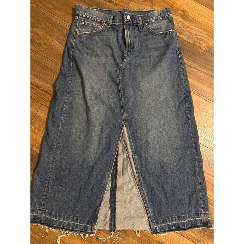 GAP Jeans Size 14 Denim High-rise Maxi Skirt Distressed Accents Raw Hem Cotton